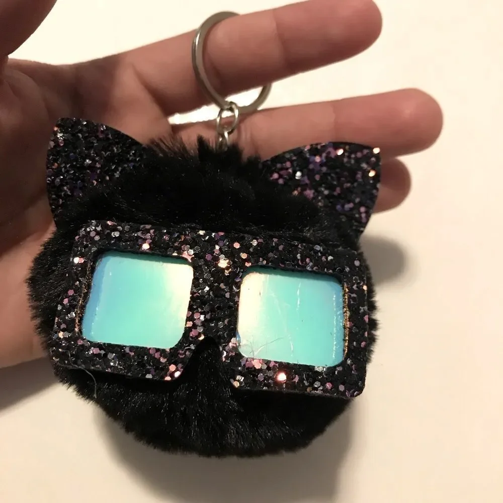 Black Sunglasses Cat Sparkly Fluffy Keychain